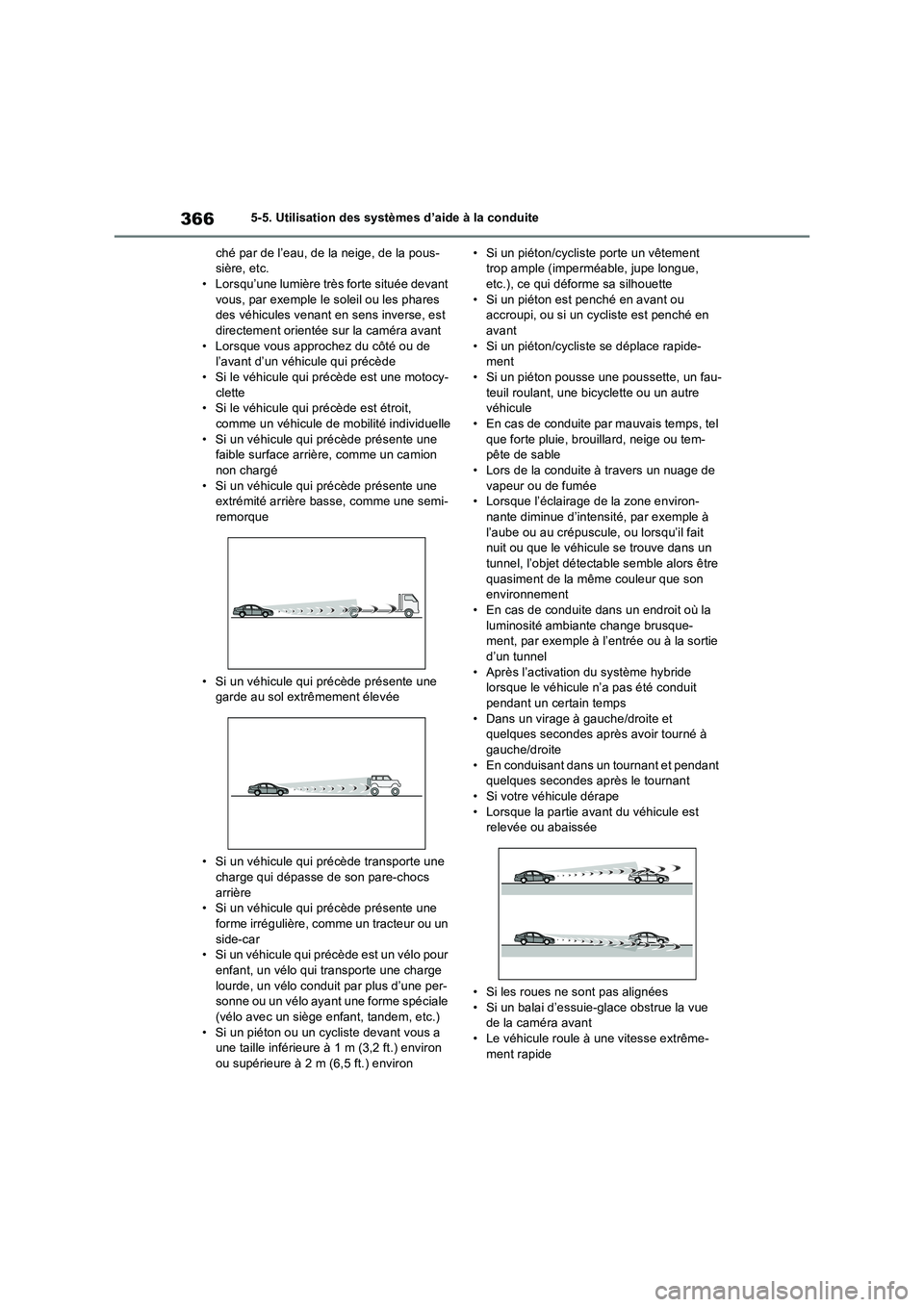 TOYOTA RAV4 PHEV 2021  Notices Demploi (in French) 3665-5. Utilisation des systèmes d’aide à la conduite
ché par de l’eau, de la neige, de la pous-
sière, etc.
• Lorsqu’une lumière très forte située devant 
vous, par exemple le soleil o