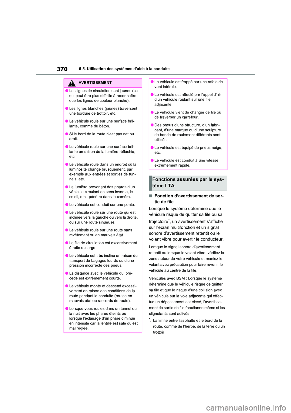 TOYOTA RAV4 PHEV 2021  Notices Demploi (in French) 3705-5. Utilisation des systèmes d’aide à la conduite
�QFonction d’avertissement de sor- 
tie de file 
Lorsque le système détermine que le  
véhicule risque de quitter sa file ou sa  
traject