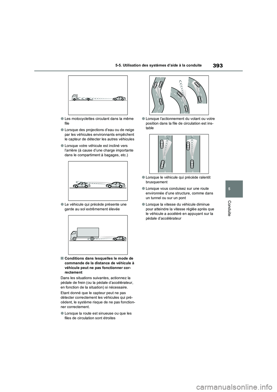 TOYOTA RAV4 PHEV 2021  Notices Demploi (in French) 393
5 
5-5. Utilisation des systèmes d’aide à la conduite
Conduite
�OLes motocyclettes circulant dans la même  file
�OLorsque des projections d’eau ou de neige par les véhicules environnants e