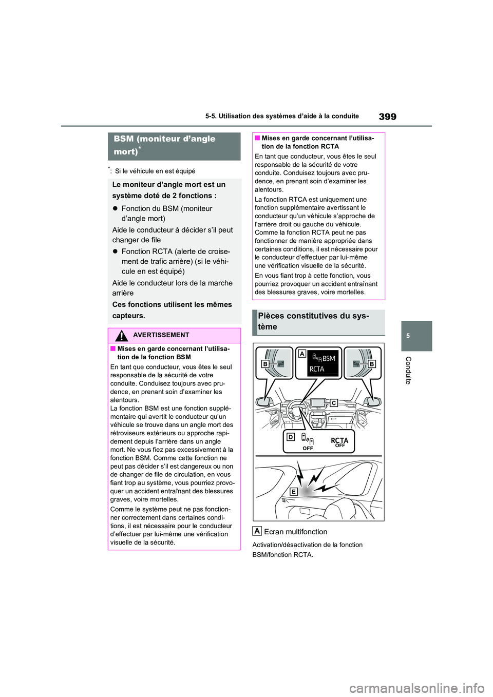 TOYOTA RAV4 PHEV 2021 Notices Demploi (in French) 399
5
5-5. Utilisation des systèmes d’aide à la conduite
Conduite
*: Si le véhicule en est équipé
Ecran multifonction
Activation/désactivation de la fonction
BSM/fonction RCTA.
BSM (moniteu TOYOTA RAV4 PHEV 2021 Notices Demploi (in French) 399
5
5-5. Utilisation des systèmes d’aide à la conduite
Conduite
*: Si le véhicule en est équipé
Ecran multifonction
Activation/désactivation de la fonction
BSM/fonction RCTA.
BSM (moniteu