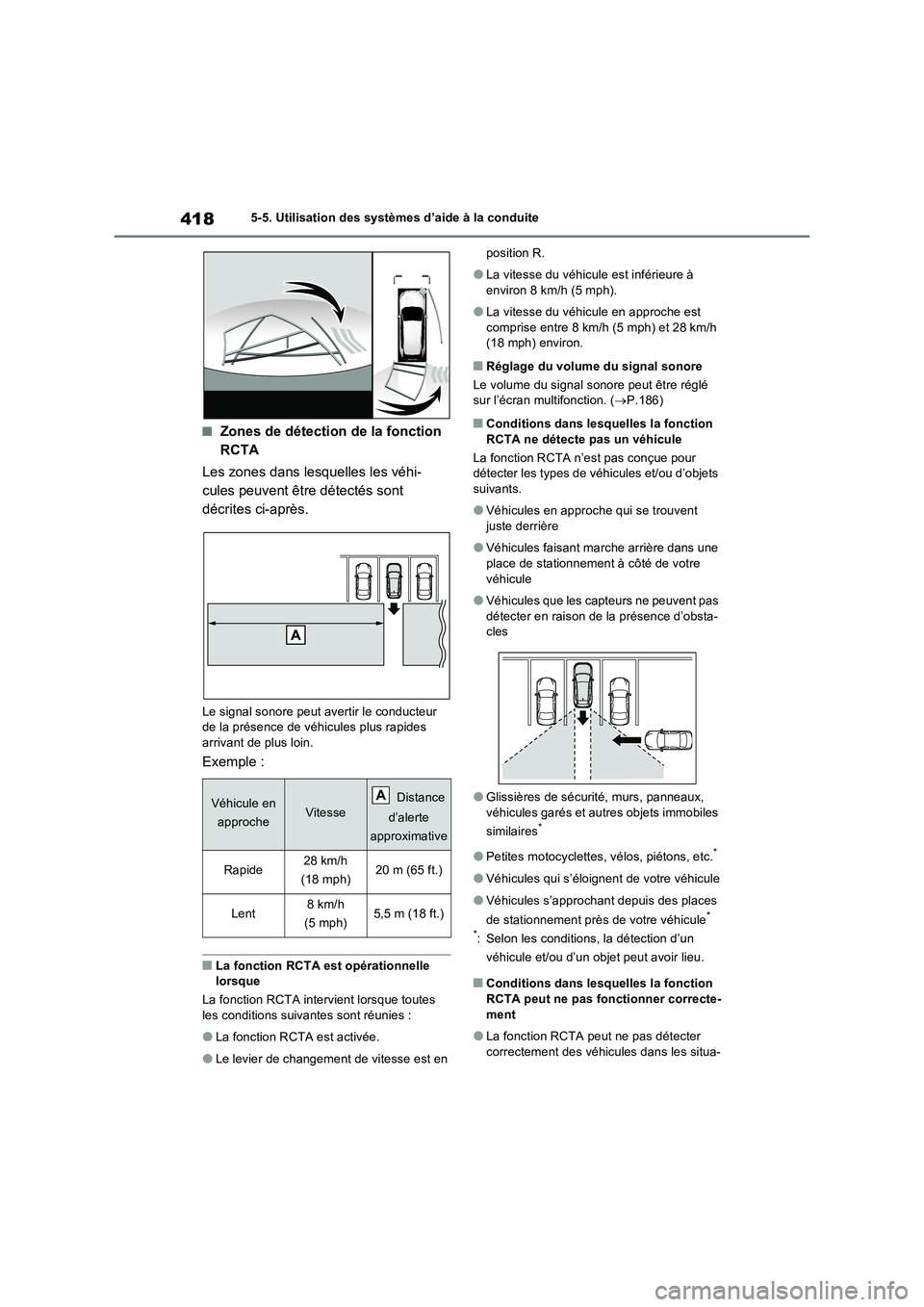 TOYOTA RAV4 PHEV 2021  Notices Demploi (in French) 4185-5. Utilisation des systèmes d’aide à la conduite
�QZones de détection de la fonction 
RCTA
Les zones dans lesquelles les véhi-
cules peuvent être détectés sont 
décrites ci-après.
Le s