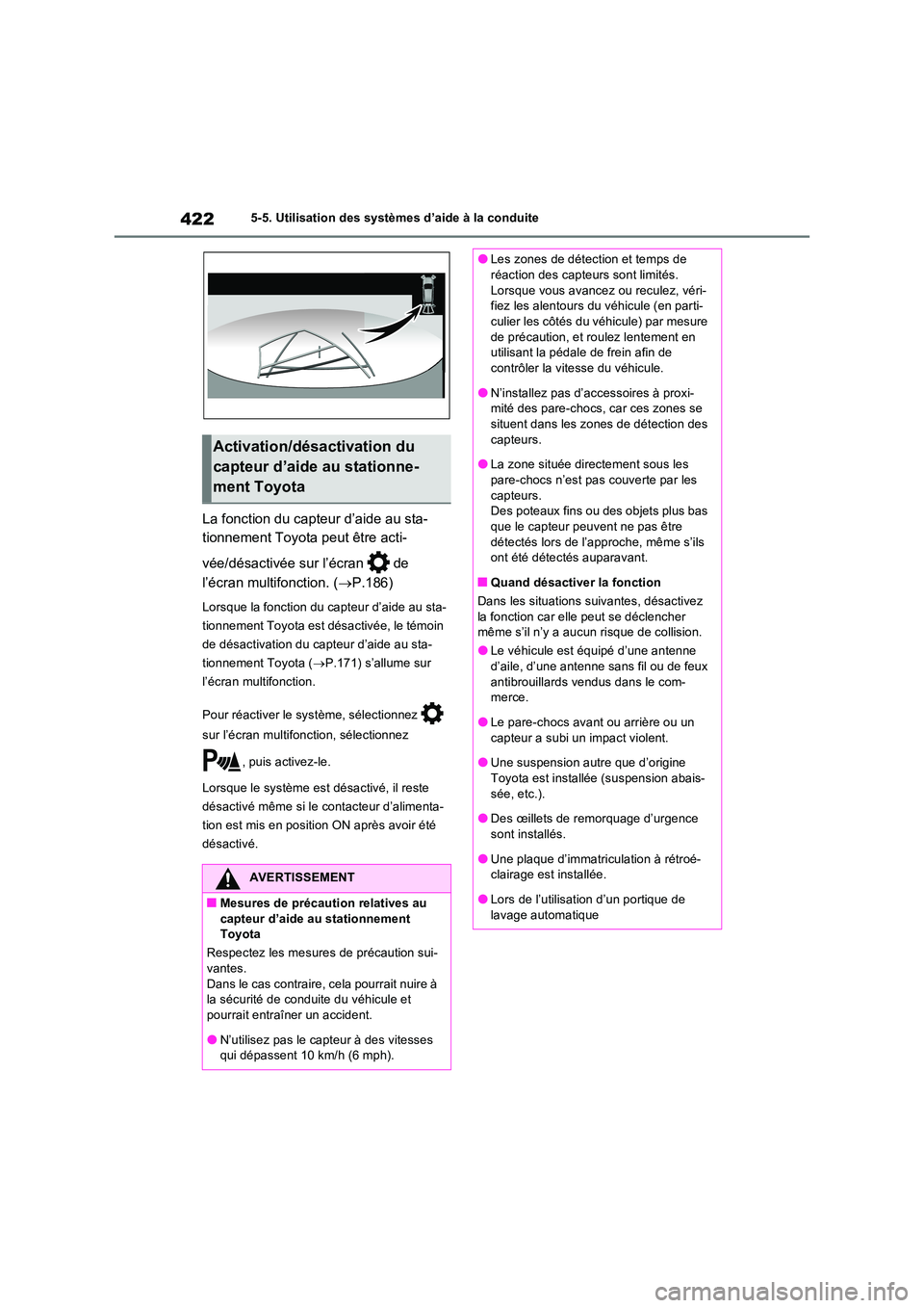 TOYOTA RAV4 PHEV 2021  Notices Demploi (in French) 4225-5. Utilisation des systèmes d’aide à la conduite
La fonction du capteur d’aide au sta- 
tionnement Toyota peut être acti- 
vée/désactivée sur l’écran   de  
l’écran multifonction.