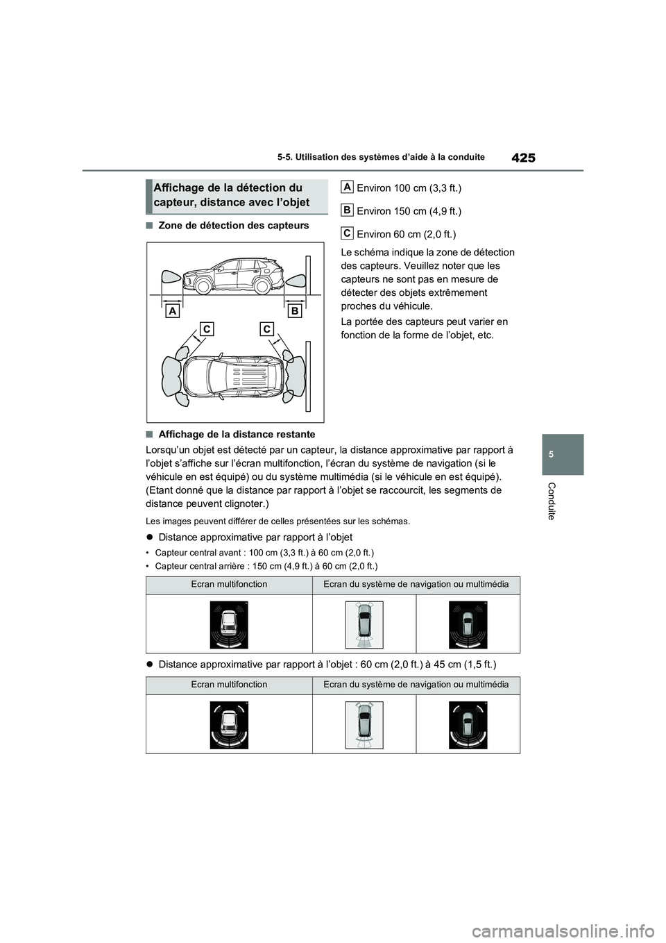 TOYOTA RAV4 PHEV 2021  Notices Demploi (in French) 425
5 5-5. Utilisation des systèmes d’aide à la conduite
Conduite
�QZone de détection des capteursEnviron 100 cm (3,3 ft.)
Environ 150 cm (4,9 ft.)
Environ 60 cm (2,0 ft.)
Le schéma indique la z
