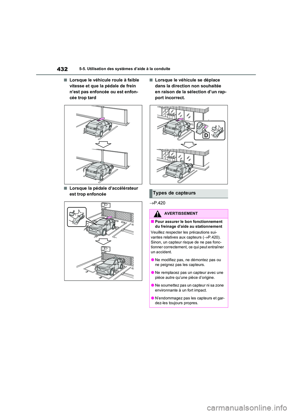 TOYOTA RAV4 PHEV 2021  Notices Demploi (in French) 4325-5. Utilisation des systèmes d’aide à la conduite
�QLorsque le véhicule roule à faible  
vitesse et que la pédale de frein 
n’est pas enfoncée ou est enfon-
cée trop tard
�QLorsque la p
