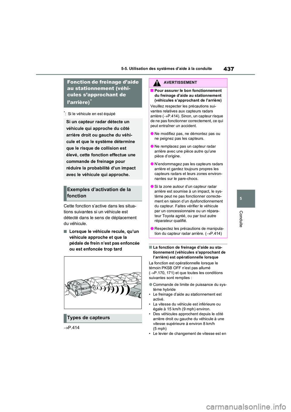 TOYOTA RAV4 PHEV 2021  Notices Demploi (in French) 437
5 
5-5. Utilisation des systèmes d’aide à la conduite
Conduite
*: Si le véhicule en est équipé
Cette fonction s’active dans les situa- 
tions suivantes si un véhicule est  
détecté dan