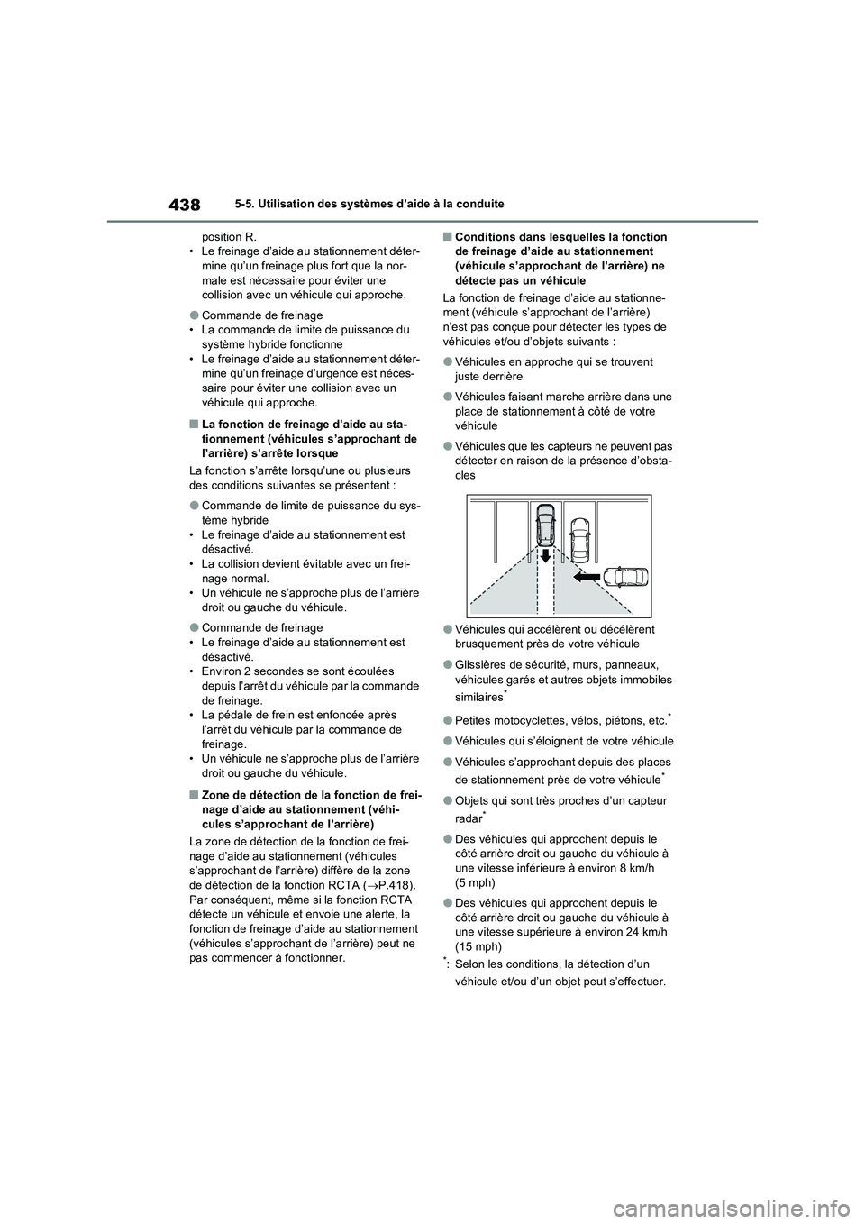 TOYOTA RAV4 PHEV 2021  Notices Demploi (in French) 4385-5. Utilisation des systèmes d’aide à la conduite
position R.
• Le freinage d’aide au stationnement déter-
mine qu’un freinage plus fort que la nor-
male est nécessaire pour éviter un