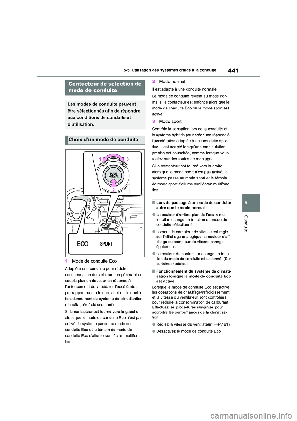 TOYOTA RAV4 PHEV 2021  Notices Demploi (in French) 441
5 
5-5. Utilisation des systèmes d’aide à la conduite
Conduite
1 Mode de conduite Eco
Adapté à une conduite pour réduire la  
consommation de carburant en générant un 
couple plus en douc