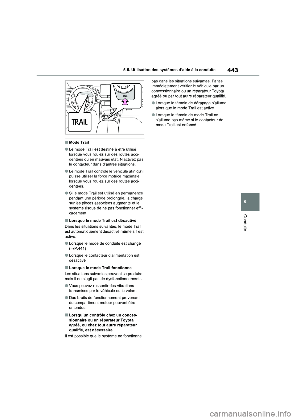 TOYOTA RAV4 PHEV 2021  Notices Demploi (in French) 443
5 5-5. Utilisation des systèmes d’aide à la conduite
Conduite
�QMode Trail
�OLe mode Trail est destiné à être utilisé 
lorsque vous roulez sur des routes acci-
dentées ou en mauvais état