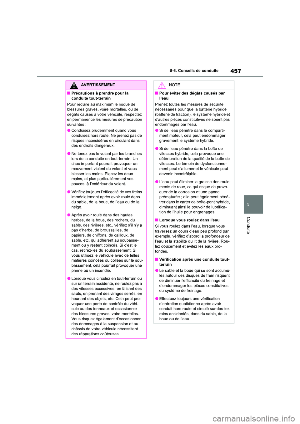 TOYOTA RAV4 PHEV 2021  Notices Demploi (in French) 457
5 
5-6. Conseils de conduite
Conduite
AVERTISSEMENT
�QPrécautions à prendre pour la  
conduite tout-terrain 
Pour réduire au maximum le risque de  blessures graves, voire mortelles, ou de dég