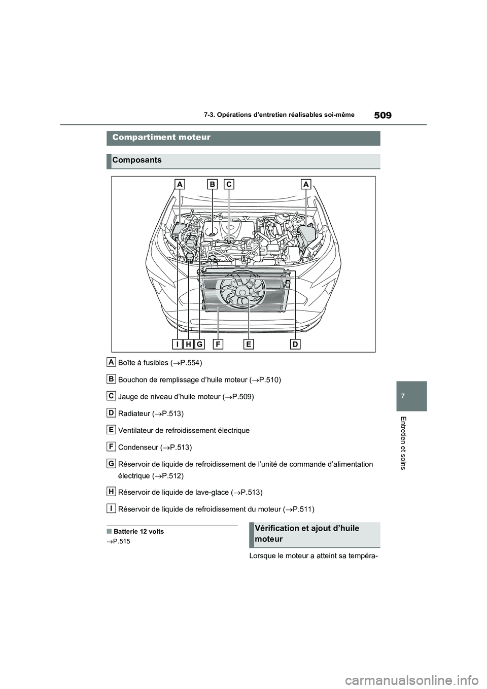 TOYOTA RAV4 PHEV 2021  Notices Demploi (in French) 509
7 7-3. Opérations d’entretien réalisables soi-même
Entretien et soins
Boîte à fusibles (P.554)
Bouchon de remplissage d’huile moteur (P.510)
Jauge de niveau d’huile moteur (P.5