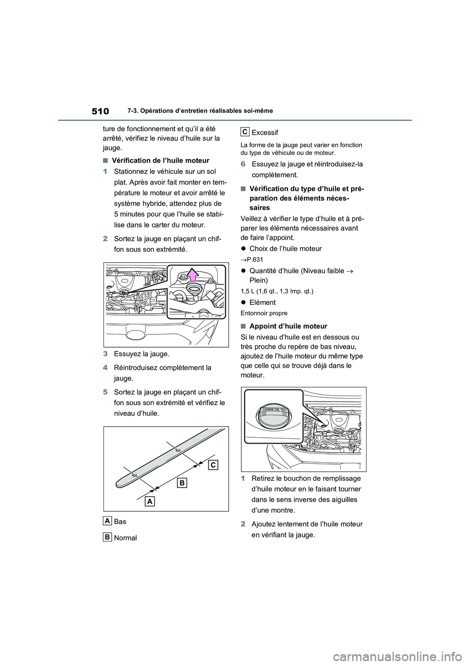 TOYOTA RAV4 PHEV 2021  Notices Demploi (in French) 5107-3. Opérations d’entretien réalisables soi-même
ture de fonctionnement et qu’il a été 
arrêté, vérifiez le niveau d’huile sur la 
jauge.
�QVérification de l’huile moteur
1Stationn