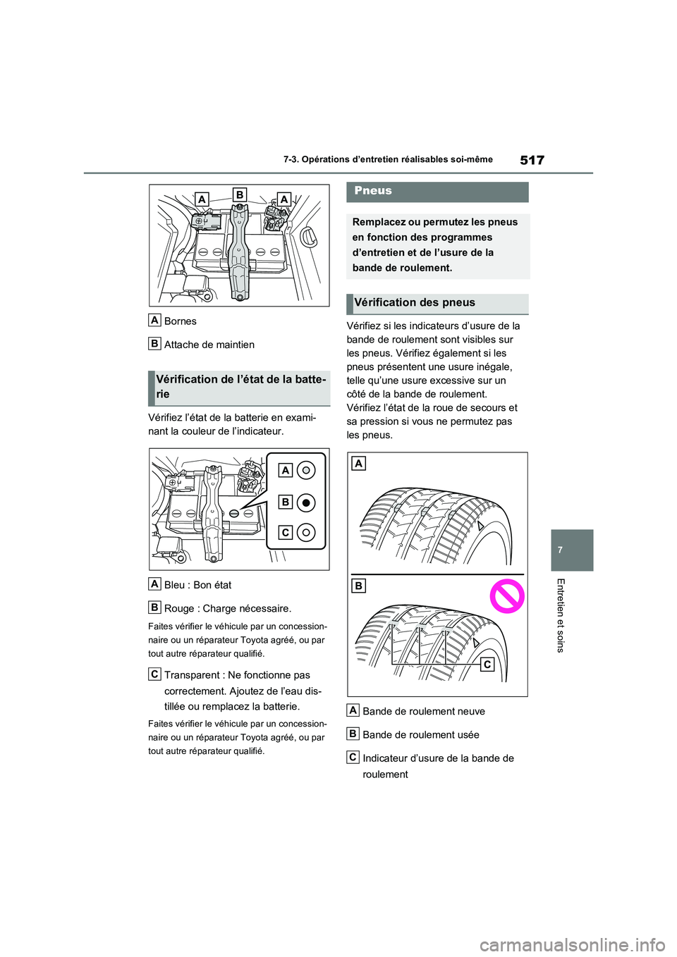 TOYOTA RAV4 PHEV 2021  Notices Demploi (in French) 517
7 7-3. Opérations d’entretien réalisables soi-même
Entretien et soins
Bornes
Attache de maintien
Vérifiez l’état de la batterie en exami-
nant la couleur de l’indicateur.
Bleu : Bon ét