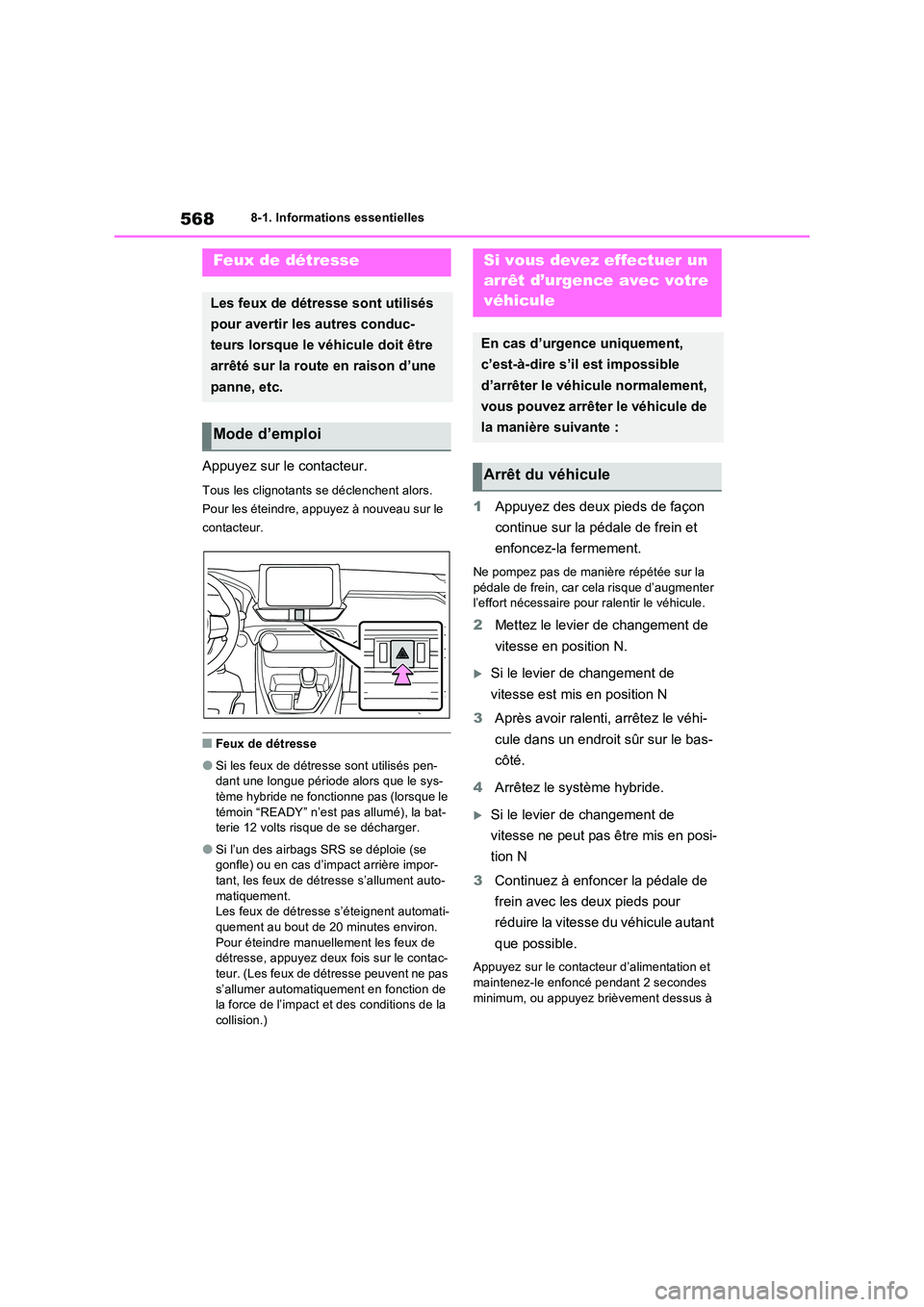TOYOTA RAV4 PHEV 2021  Notices Demploi (in French) 5688-1. Informations essentielles
8-1.In formations  e ssen tielles
Appuyez sur le contacteur.
Tous les clignotants se déclenchent alors. 
Pour les éteindre, appuyez à nouveau sur le 
contacteur.
�