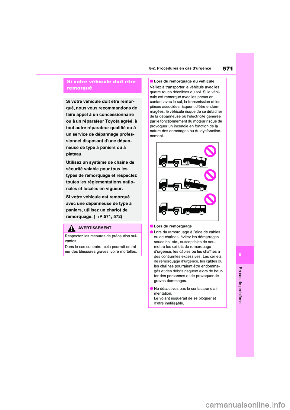 TOYOTA RAV4 PHEV 2021  Notices Demploi (in French) 571
8 
8-2. Procédures en cas d’urgence
En cas de problème
8-2.Pro cédures en  ca s d’u rgen ceSi votre véhicule doit être  
remorqué
Si votre véhicule doit être remor- 
qué, nous vous re