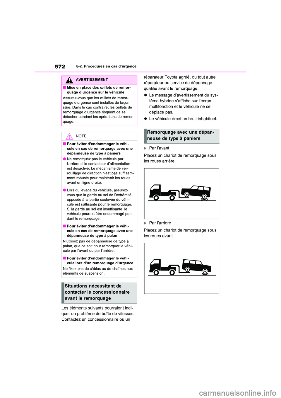 TOYOTA RAV4 PHEV 2021  Notices Demploi (in French) 5728-2. Procédures en cas d’urgence
Les éléments suivants pourraient indi- 
quer un problème de boîte de vitesses. 
Contactez un concessionnaire ou un  
réparateur Toyota agréé, ou tout autr