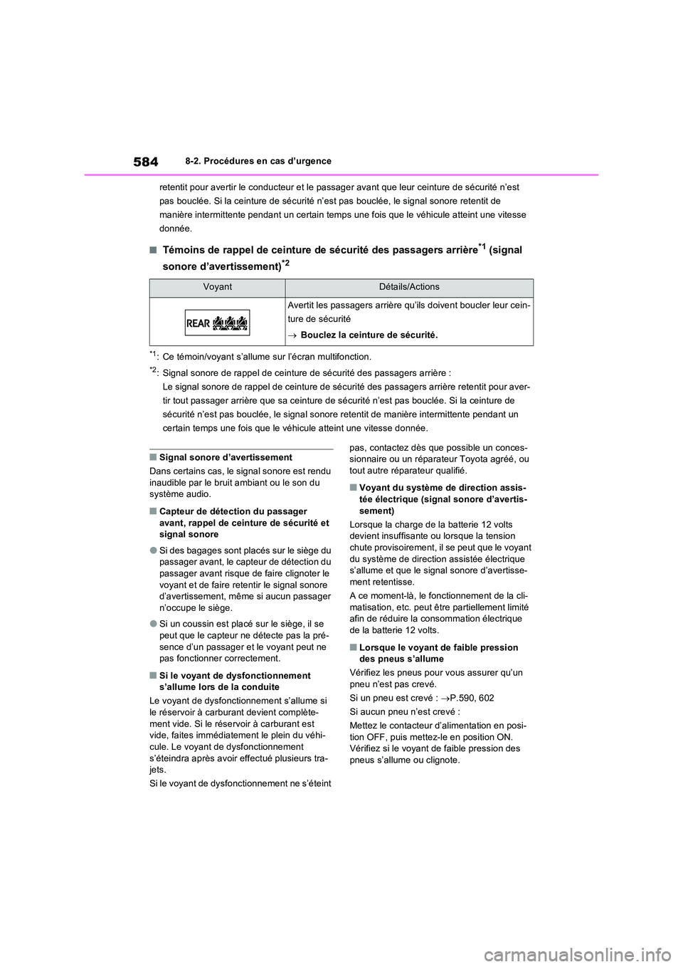 TOYOTA RAV4 PHEV 2021  Notices Demploi (in French) 5848-2. Procédures en cas d’urgence 
retentit pour avertir le conducteur et le passager avant que leur ceinture de sécurité n’est  
pas bouclée. Si la ceinture de sécurité n’est pas boucl