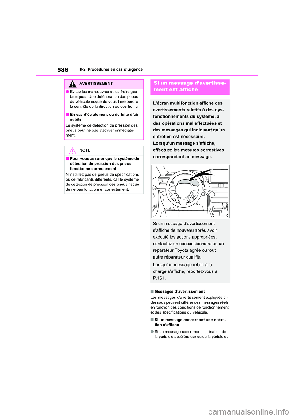 TOYOTA RAV4 PHEV 2021  Notices Demploi (in French) 5868-2. Procédures en cas d’urgence
�QMessages d’avertissement 
Les messages d’avertissement expliqués ci- 
dessous peuvent différ er des messages réels  en fonction des conditions de foncti