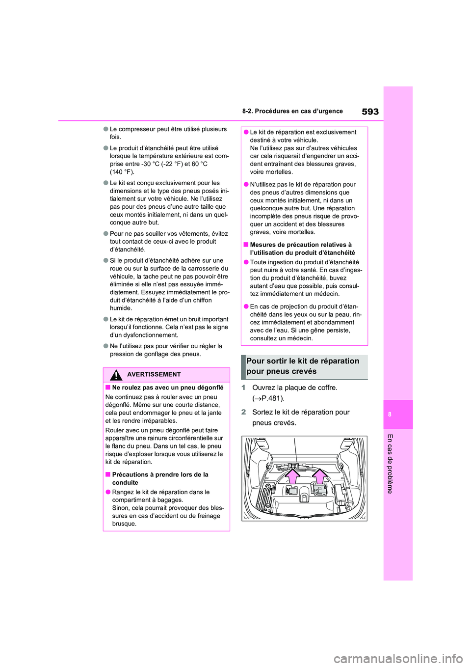 TOYOTA RAV4 PHEV 2021  Notices Demploi (in French) 593
8 
8-2. Procédures en cas d’urgence
En cas de problème
�OLe compresseur peut être utilisé plusieurs  fois.
�OLe produit d’étanchéité peut être utilisé lorsque la température extérie