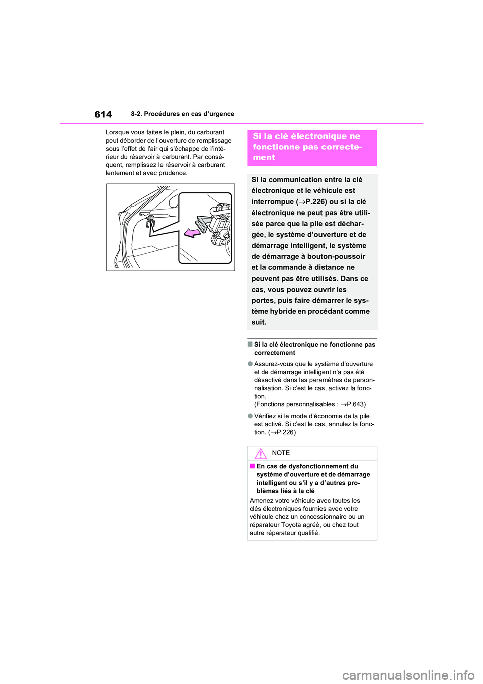 TOYOTA RAV4 PHEV 2021  Notices Demploi (in French) 6148-2. Procédures en cas d’urgence 
Lorsque vous faites le plein, du carburant  peut déborder de l’ouverture de remplissage sous l’effet de l’air qui s’échappe de l’inté- 
rieur du r