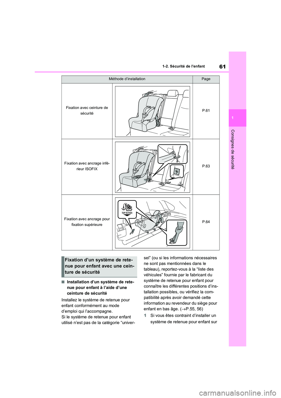 TOYOTA RAV4 PHEV 2021  Notices Demploi (in French) 61
1 
1-2. Sécurité de l’enfant
Consignes de sécurité
�QInstallation d’un système de rete- 
nue pour enfant à l’aide d’une 
ceinture de sécurité 
Installez le système de retenue pour 