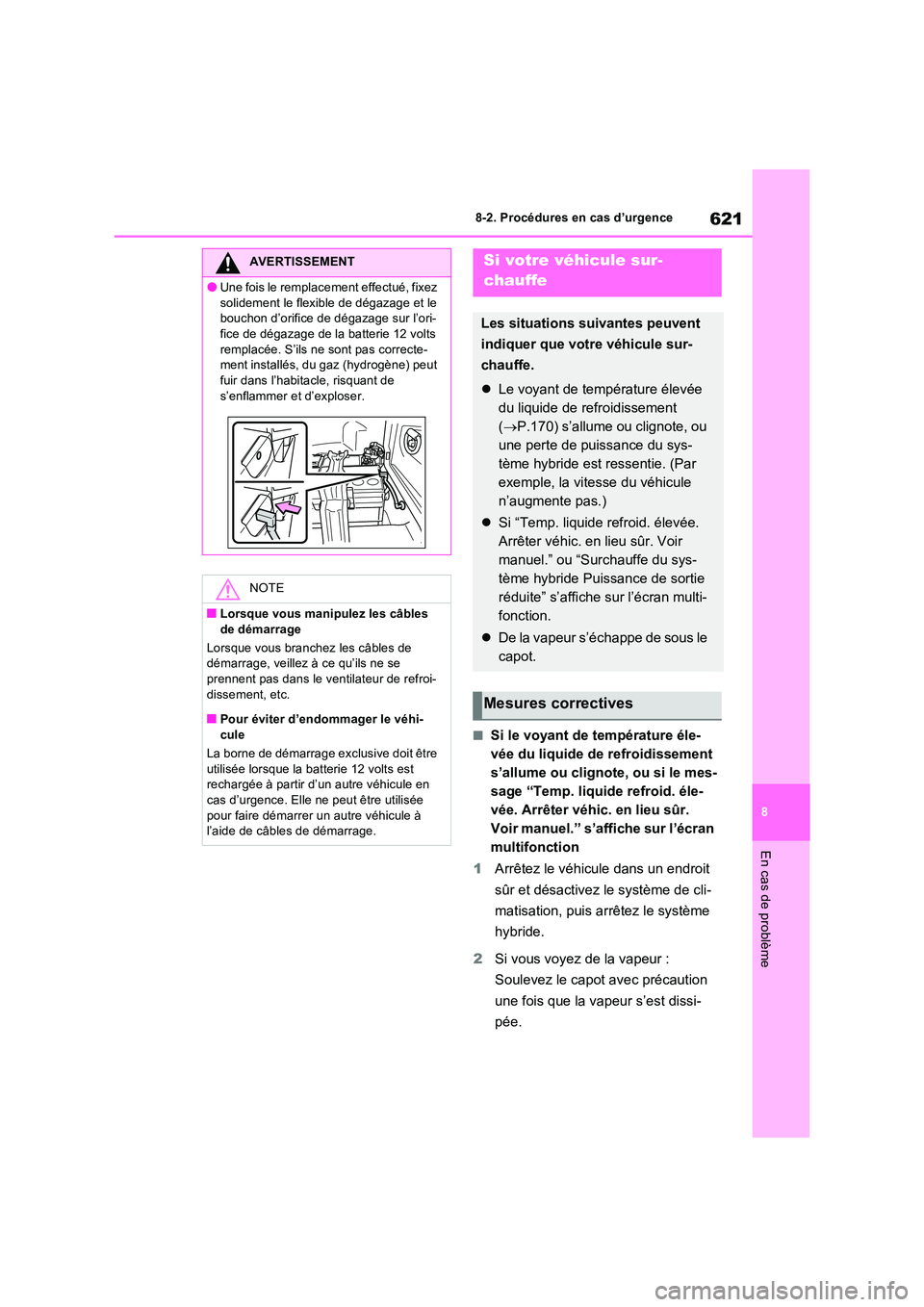 TOYOTA RAV4 PHEV 2021  Notices Demploi (in French) 621
8 
8-2. Procédures en cas d’urgence
En cas de problème
�QSi le voyant de température éle- 
vée du liquide de refroidissement 
s’allume ou clignote, ou si le mes-
sage “Temp. liquide ref