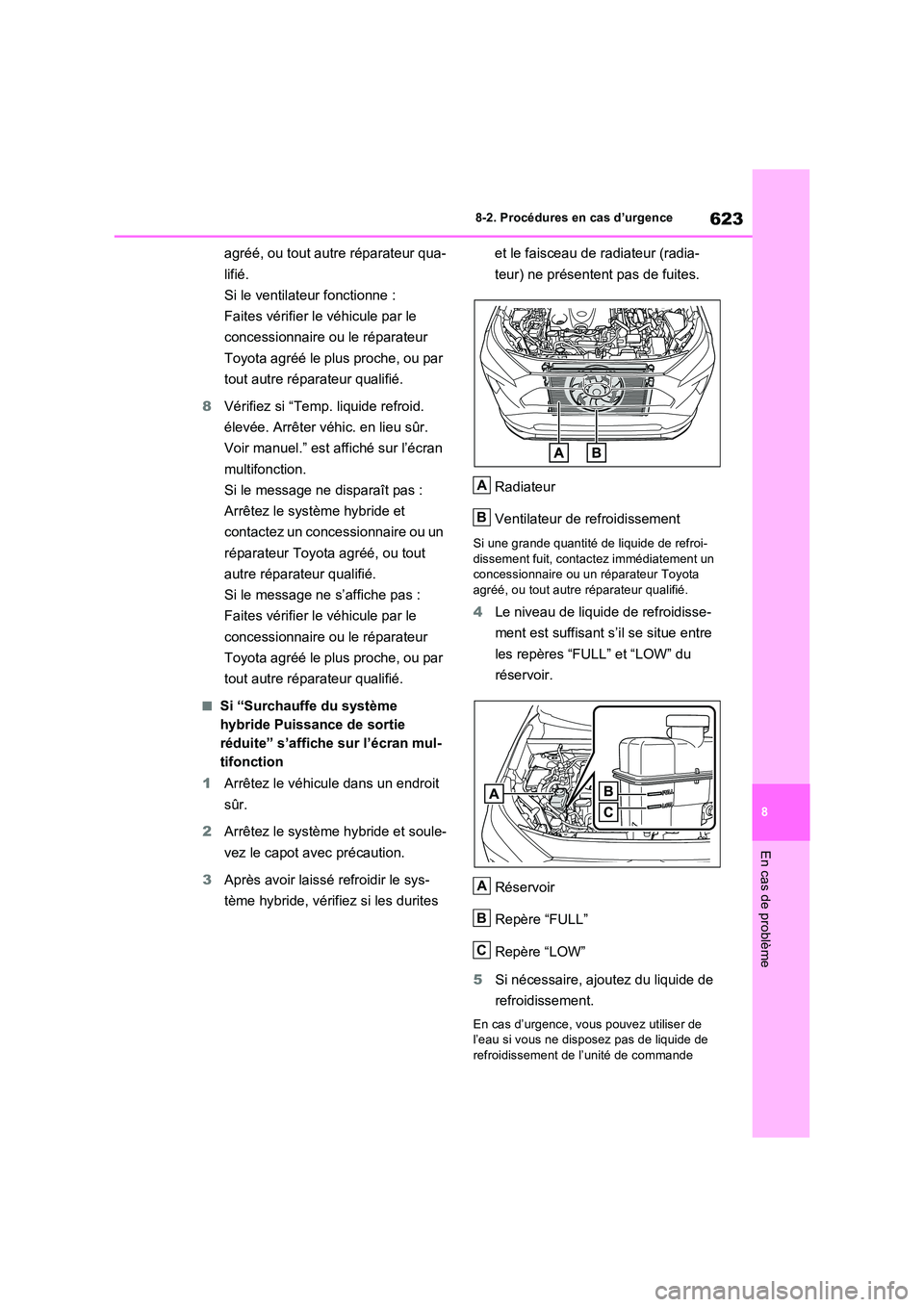 TOYOTA RAV4 PHEV 2021  Notices Demploi (in French) 623
8 
8-2. Procédures en cas d’urgence
En cas de problème
agréé, ou tout autre réparateur qua- 
lifié. 
Si le ventilateur fonctionne : 
Faites vérifier le véhicule par le  
concessionnaire 