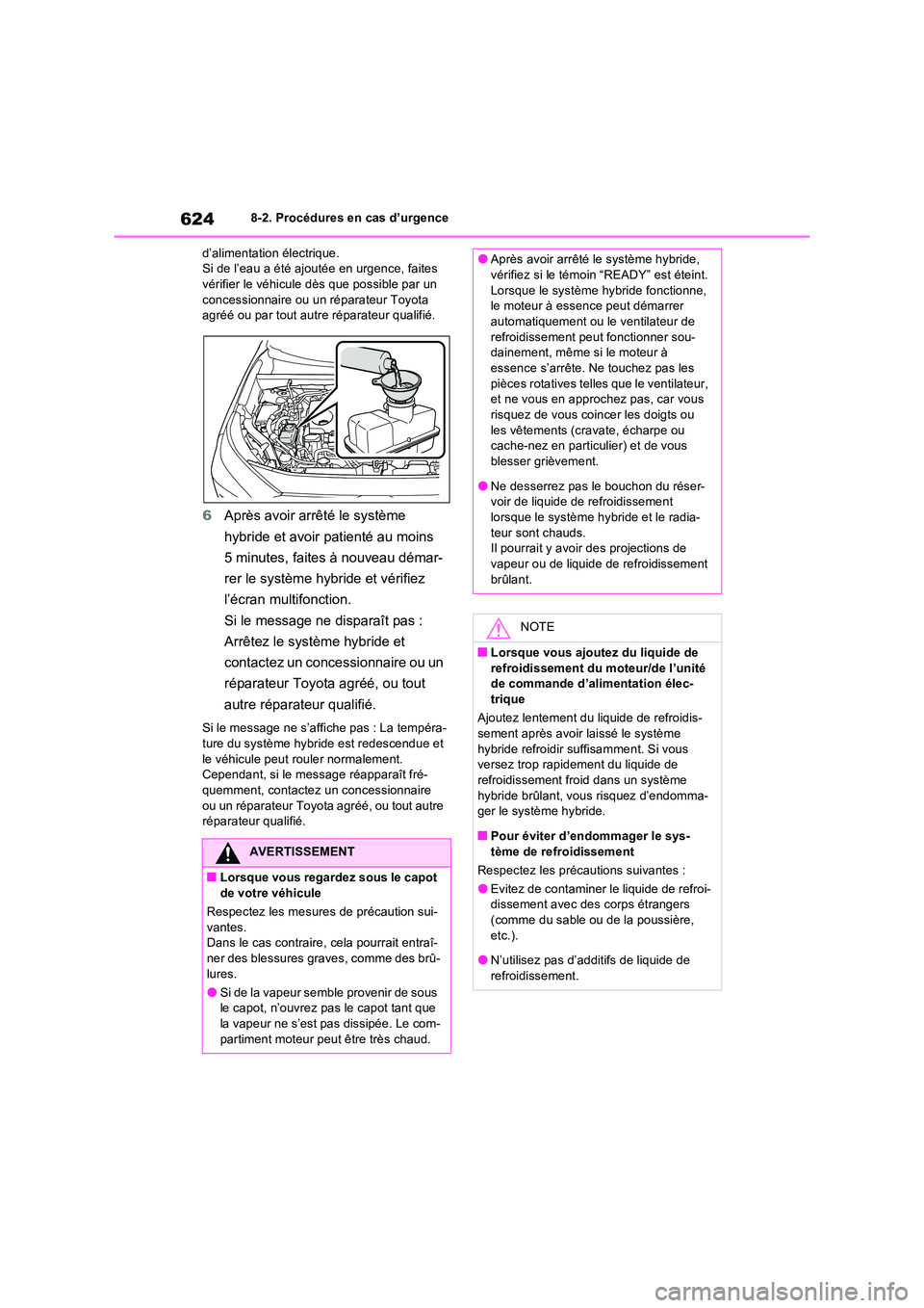 TOYOTA RAV4 PHEV 2021  Notices Demploi (in French) 6248-2. Procédures en cas d’urgence 
d’alimentation électrique.  Si de l’eau a été ajoutée en urgence, faites vérifier le véhicule dès que possible par un  
concessionnaire ou un répara