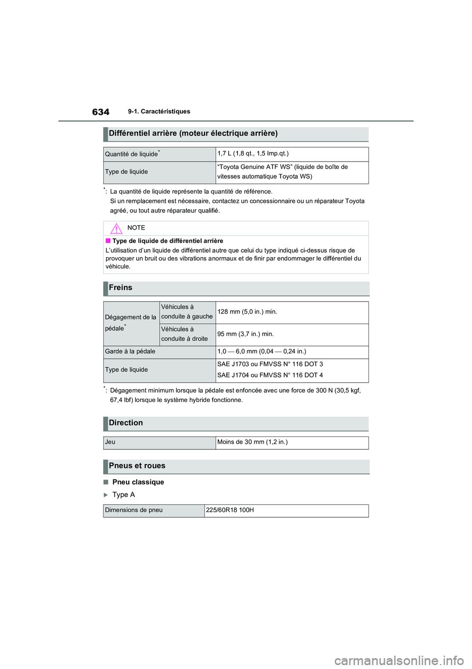 TOYOTA RAV4 PHEV 2021  Notices Demploi (in French) 6349-1. Caractéristiques
*: La quantité de liquide représente la quantité de référence. 
Si un remplacement est nécessaire, contacte z un concessionnaire ou un réparateur Toyota  
agréé, ou 