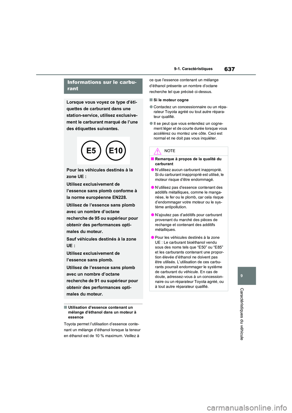 TOYOTA RAV4 PHEV 2021  Notices Demploi (in French) 637
9 
9-1. Caractéristiques
Caractéristiques du véhicule
�QUtilisation d’essence contenant un  mélange d’éthanol dans un moteur à  
essence 
Toyota permet l’utilisation d’essence conte-