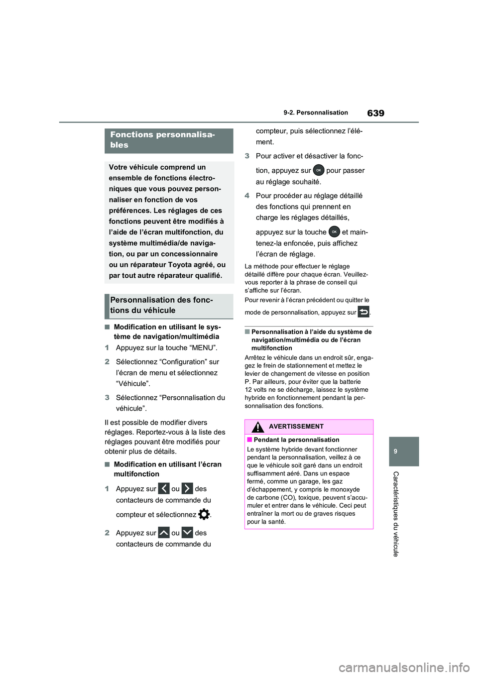 TOYOTA RAV4 PHEV 2021  Notices Demploi (in French) 639
9 
9-2. Personnalisation
Caractéristiques du véhicule
9-2.Personna lisation
�QModification en utilisant le sys- 
tème de navigation/multimédia 
1 Appuyez sur la touche “MENU”. 
2 Sélectio