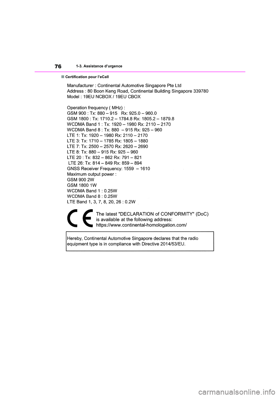 TOYOTA RAV4 PHEV 2021  Notices Demploi (in French) 761-3. Assistance d’urgence
�QCertification pour l’eCall 