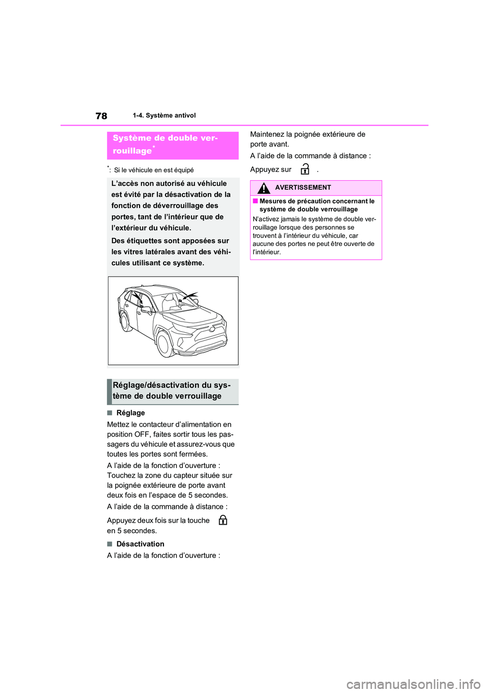 TOYOTA RAV4 PHEV 2021  Notices Demploi (in French) 781-4. Système antivol
*: Si le véhicule en est équipé
�QRéglage 
Mettez le contacteur d’alimentation en  
position OFF, faites sortir tous les pas-
sagers du véhicule et assurez-vous que 
tou