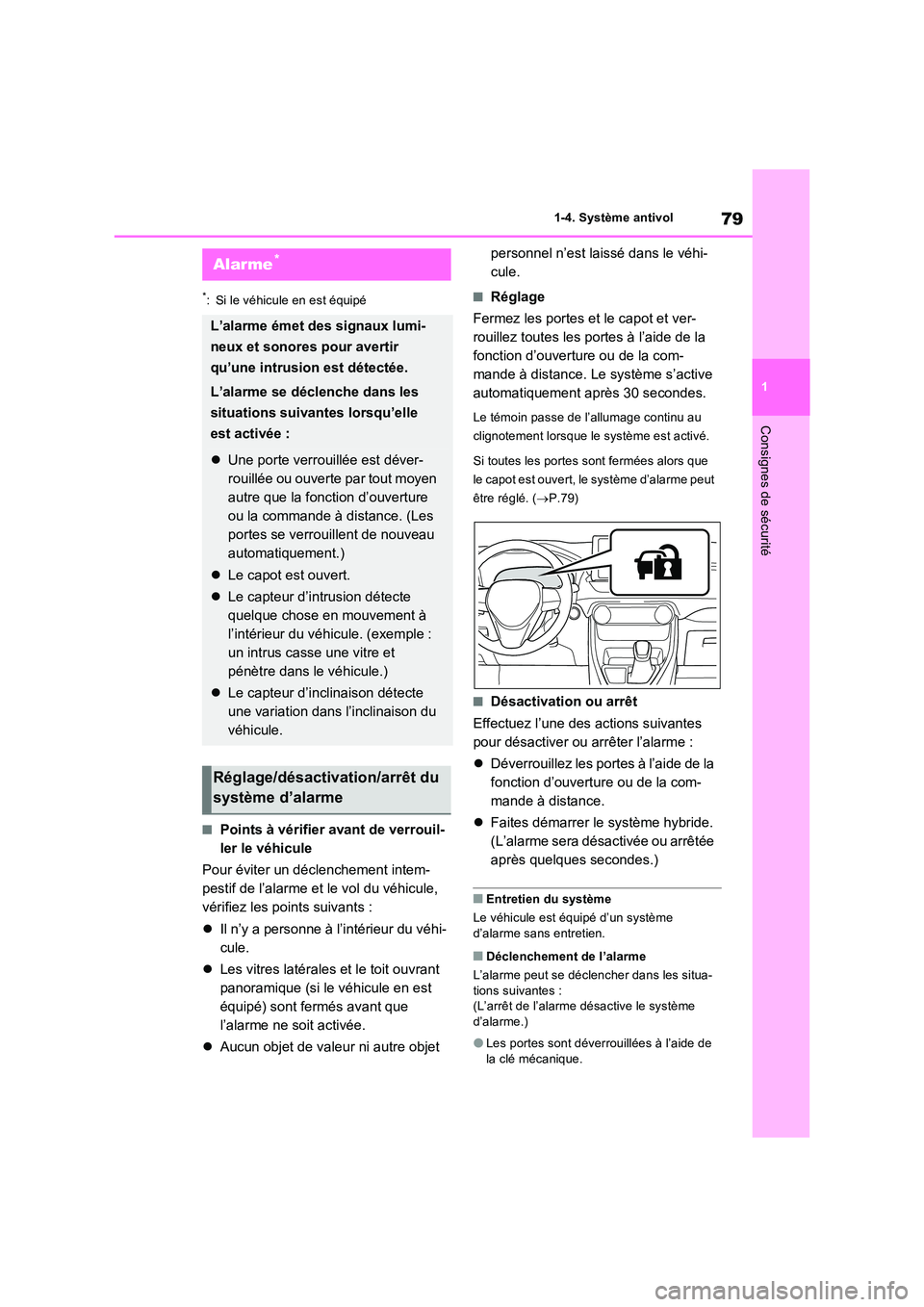 TOYOTA RAV4 PHEV 2021  Notices Demploi (in French) 79
1 
1-4. Système antivol
Consignes de sécurité
*: Si le véhicule en est équipé
�QPoints à vérifier avant de verrouil- 
ler le véhicule 
Pour éviter un déclenchement intem- 
pestif de l’
