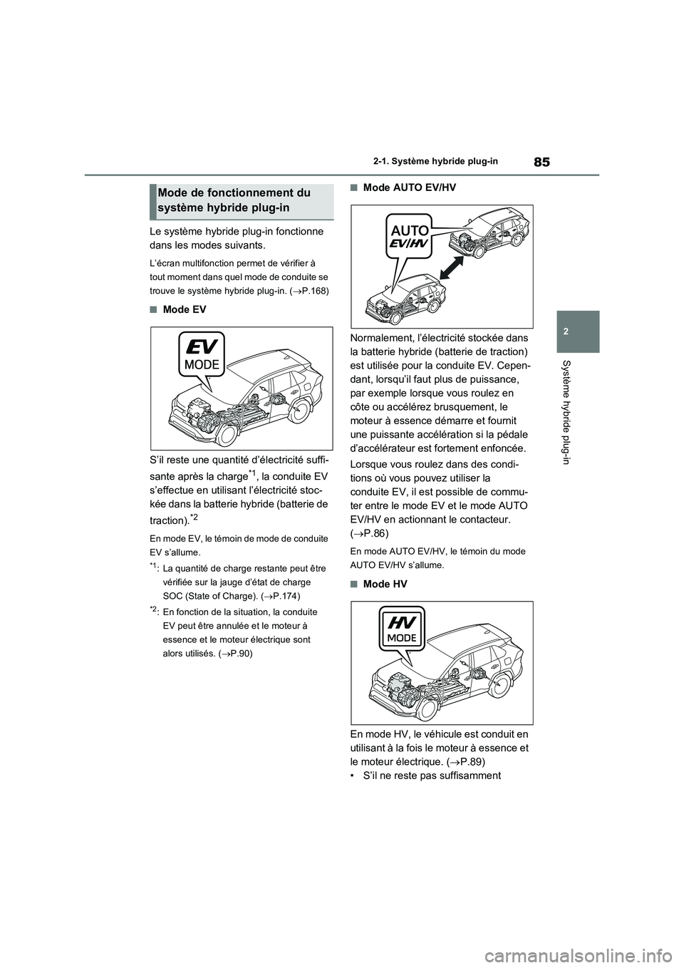 TOYOTA RAV4 PHEV 2021  Notices Demploi (in French) 85
2 
2-1. Système hybride plug-in
Système hybride plug-in
Le système hybride plug-in fonctionne  
dans les modes suivants.
L’écran multifonction permet de vérifier à  
tout moment dans quel m