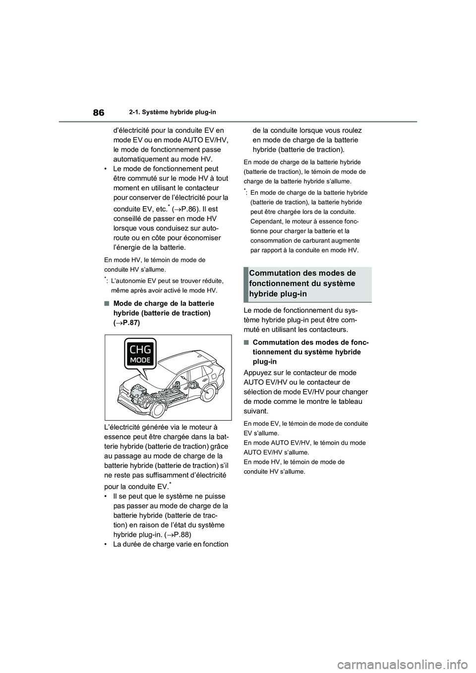 TOYOTA RAV4 PHEV 2021  Notices Demploi (in French) 862-1. Système hybride plug-in
d’électricité pour la conduite EV en 
mode EV ou en mode AUTO EV/HV, 
le mode de fonctionnement passe 
automatiquement au mode HV.
• Le mode de fonctionnement peu