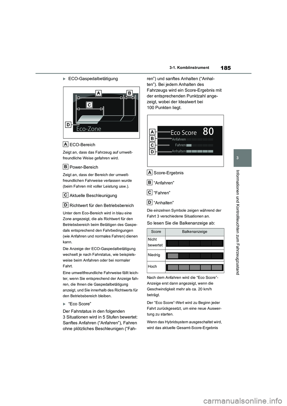 TOYOTA RAV4 PHEV 2021  Betriebsanleitungen (in German) 185
3 3-1. Kombiinstrument
Informationen und Kontrollleuchten zum Fahrzeugzustand
ECO-Gaspedalbetätigung
ECO-Bereich
Zeigt an, dass das Fahrzeug auf umwelt-
freundliche Weise gefahren wird.
Power-
