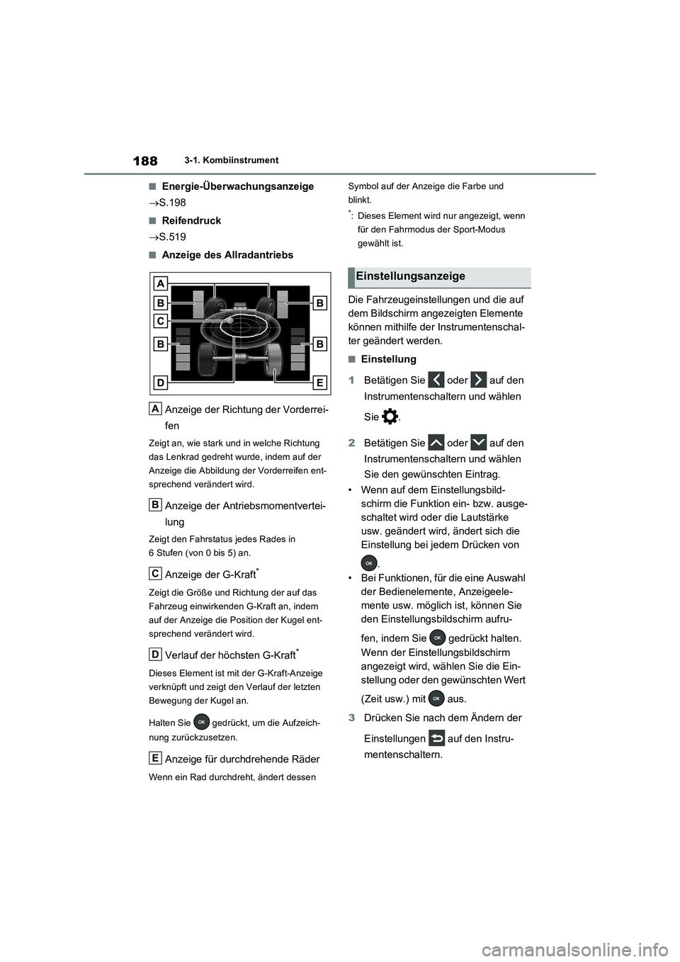 TOYOTA RAV4 PHEV 2021  Betriebsanleitungen (in German) 1883-1. Kombiinstrument
�QEnergie-Überwachungsanzeige
S.198
�QReifendruck
S.519
�QAnzeige des Allradantriebs
Anzeige der Richtung der Vorderrei-
fen
Zeigt an, wie stark und in welche Richtung 
