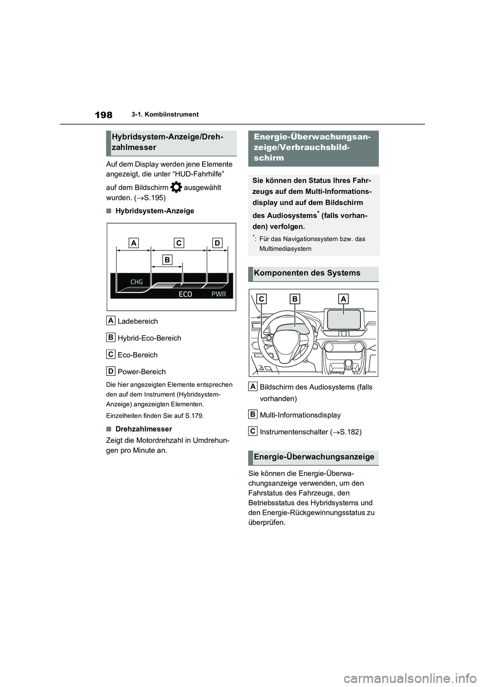 TOYOTA RAV4 PHEV 2021  Betriebsanleitungen (in German) 1983-1. Kombiinstrument
Auf dem Display werden jene Elemente 
angezeigt, die unter “HUD-Fahrhilfe” 
auf dem Bildschirm   ausgewählt 
wurden. (S.195)
�QHybridsystem-Anzeige
Ladebereich
Hybrid-E