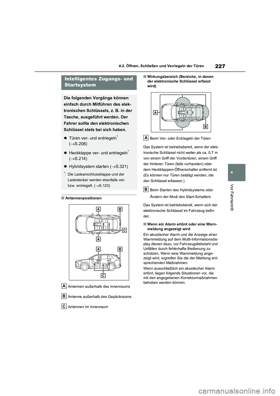 TOYOTA RAV4 PHEV 2021  Betriebsanleitungen (in German) 227
4 
4-2. Öffnen, Schließen und Verriegeln der Türen
Vor Fahrtantritt
�QAntennenpositionen 
Antennen außerhalb des Innenraums 
Antenne außerhalb des Gepäckraums 
Antennen im Innenraum
�QWirkun