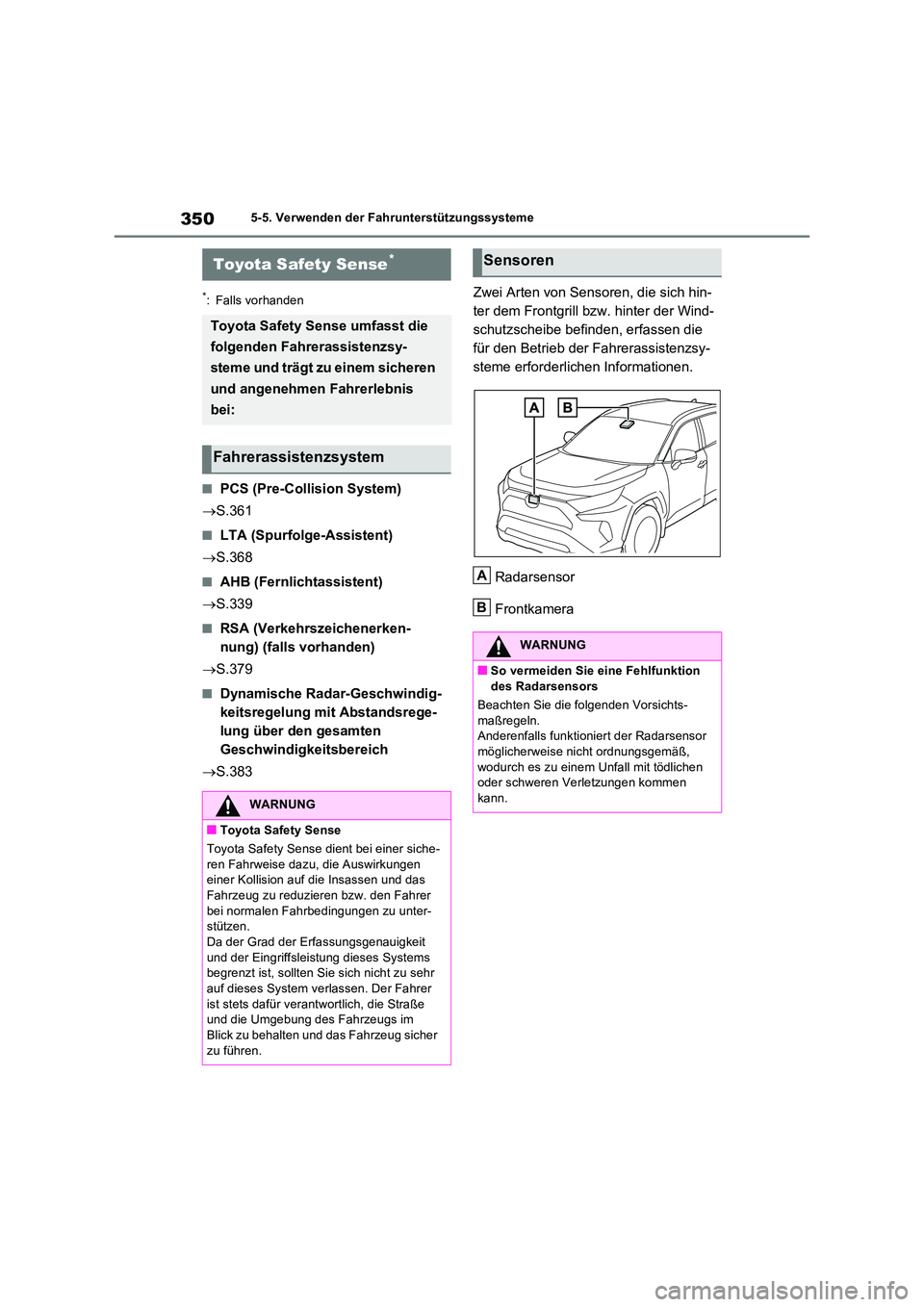 TOYOTA RAV4 PHEV 2021  Betriebsanleitungen (in German) 3505-5. Verwenden der Fahrunterstützungssysteme
5-5.Verwenden  de r  Fahrunterstü tzu ngss ysteme
*: Falls vorhanden
�QPCS (Pre-Collision System) 
 S.361
�QLTA (Spurfolge-Assistent) 
 S.368
�Q