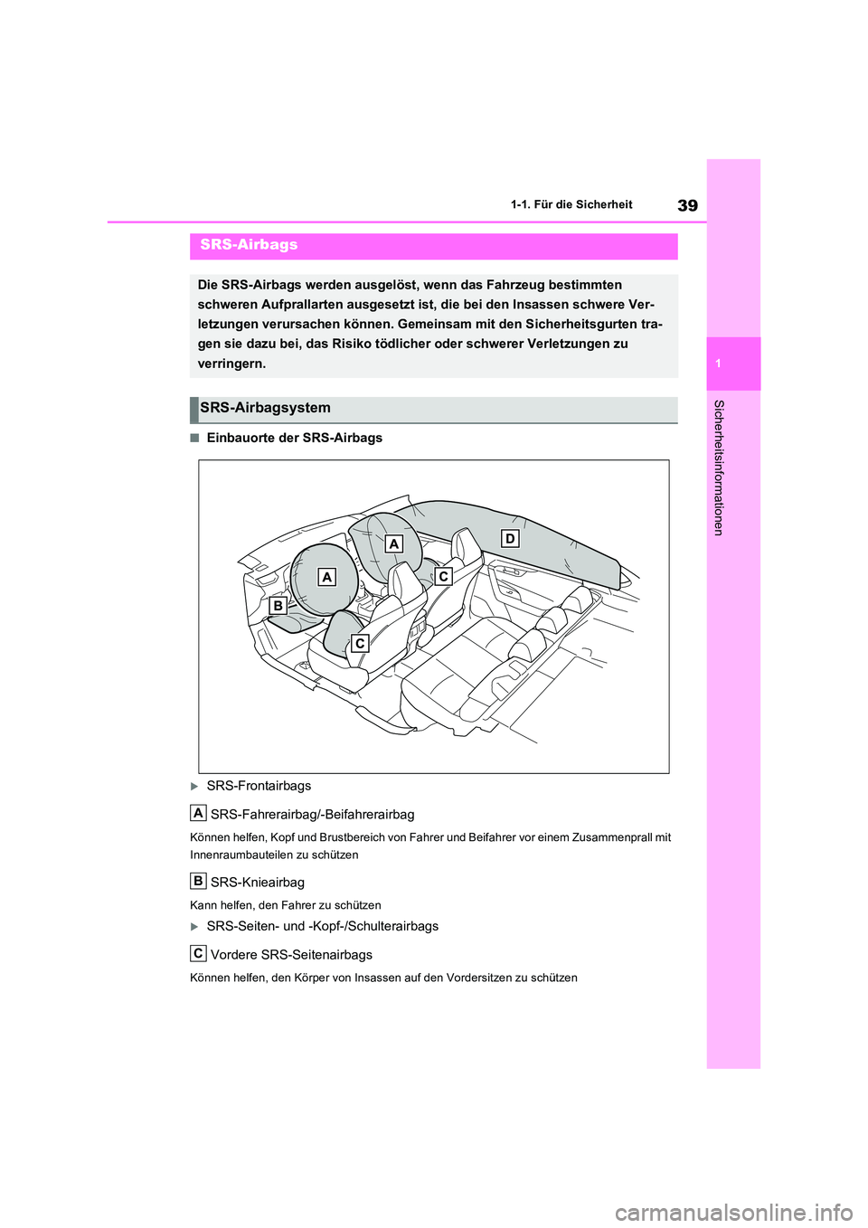 TOYOTA RAV4 PHEV 2021  Betriebsanleitungen (in German) 39
1 
1-1. Für die Sicherheit
Sicherheitsinformationen
�QEinbauorte der SRS-Airbags
SRS-Frontairbags 
SRS-Fahrerairbag/-Beifahrerairbag
Können helfen, Kopf und Brustbereich von Fahr er und Beifah