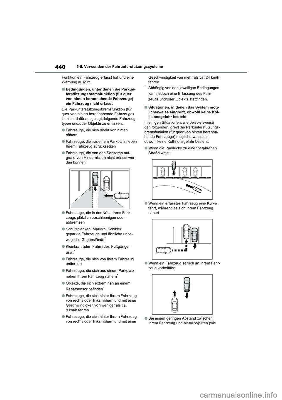 TOYOTA RAV4 PHEV 2021  Betriebsanleitungen (in German) 4405-5. Verwenden der Fahrunterstützungssysteme
Funktion ein Fahrzeug erfasst hat und eine 
Warnung ausgibt.
�QBedingungen, unter denen die Parkun-
terstützungsbremsfunktion (für quer 
von hinten h
