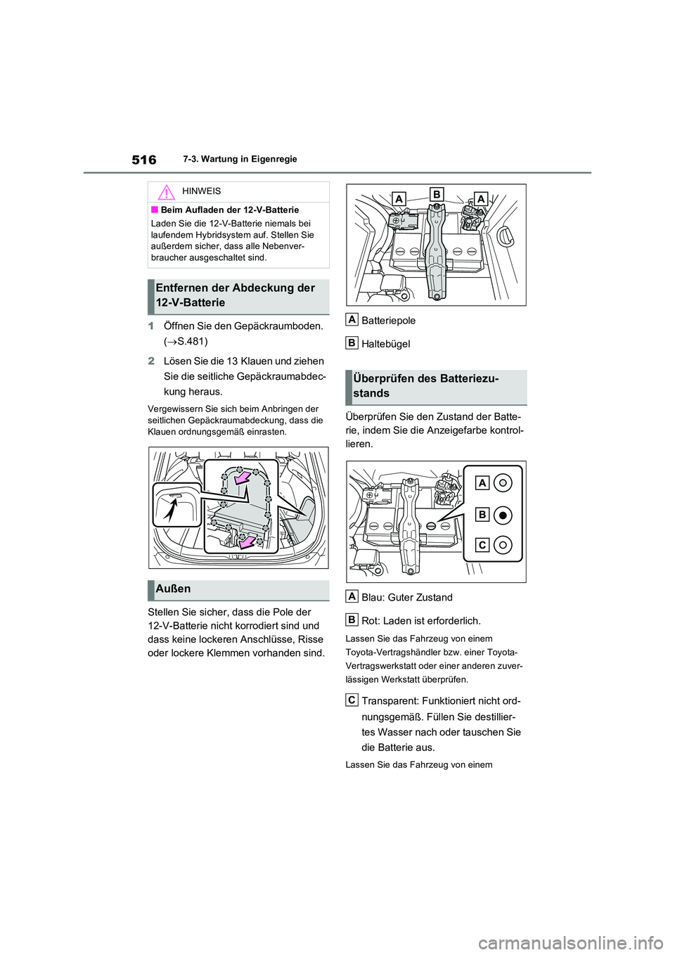 TOYOTA RAV4 PHEV 2021  Betriebsanleitungen (in German) 5167-3. Wartung in Eigenregie
1Öffnen Sie den Gepäckraumboden.  
( S.481) 
2 Lösen Sie die 13 Klauen und ziehen  
Sie die seitliche Gepäckraumabdec- 
kung heraus.
Vergewissern Sie sich beim Anb
