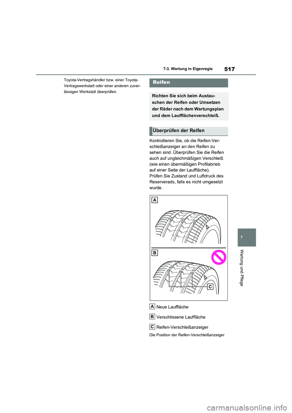 TOYOTA RAV4 PHEV 2021  Betriebsanleitungen (in German) 517
7 7-3. Wartung in Eigenregie
Wartung und Pflege
Toyota-Vertragshändler bzw. einer Toyota-
Vertragswerkstatt oder einer anderen zuver-
lässigen Werkstatt überprüfen.
Kontrollieren Sie, ob die R