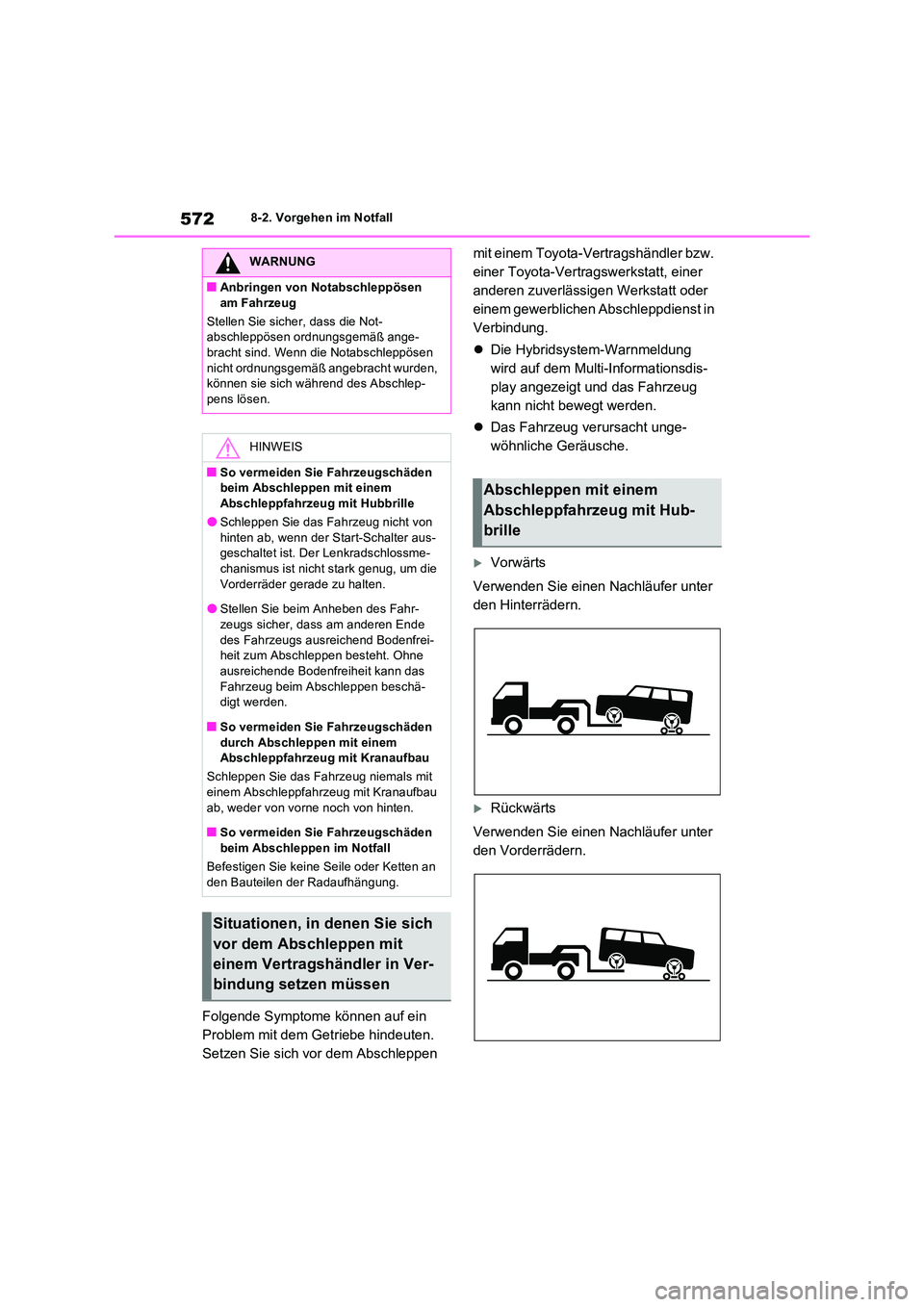 TOYOTA RAV4 PHEV 2021  Betriebsanleitungen (in German) 5728-2. Vorgehen im Notfall
Folgende Symptome können auf ein  
Problem mit dem Getriebe hindeuten. 
Setzen Sie sich vor dem Abschleppen  
mit einem Toyota-Vertragshändler bzw.  
einer Toyota-Vertrag