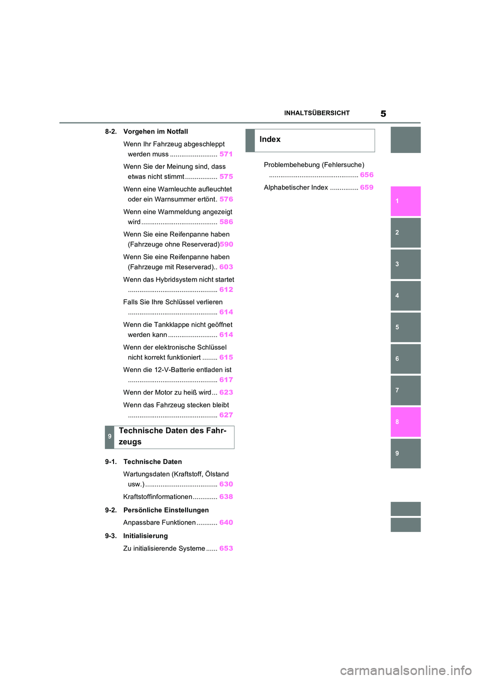 TOYOTA RAV4 PHEV 2021 Betriebsanleitungen (in German) 5INHALTSÜBERSICHT
1
6
5
4
3
2
8
7
9
8-2. Vorgehen im Notfall
Wenn Ihr Fahrzeug abgeschleppt
werden muss ......................... 571
Wenn Sie der Meinung sind, dass
etwas nicht stimmt ...... TOYOTA RAV4 PHEV 2021 Betriebsanleitungen (in German) 5INHALTSÜBERSICHT
1
6
5
4
3
2
8
7
9
8-2. Vorgehen im Notfall
Wenn Ihr Fahrzeug abgeschleppt
werden muss ......................... 571
Wenn Sie der Meinung sind, dass
etwas nicht stimmt ......