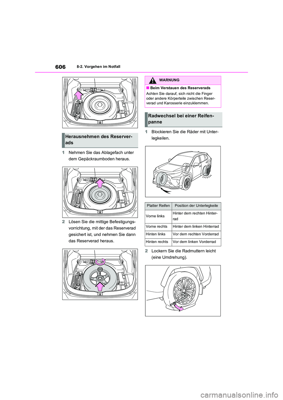 TOYOTA RAV4 PHEV 2021  Betriebsanleitungen (in German) 6068-2. Vorgehen im Notfall
1Nehmen Sie das Ablagefach unter  
dem Gepäckraumboden heraus. 
2 Lösen Sie die mittige Befestigungs- 
vorrichtung, mit der das Reserverad  
gesichert ist, und nehmen Sie