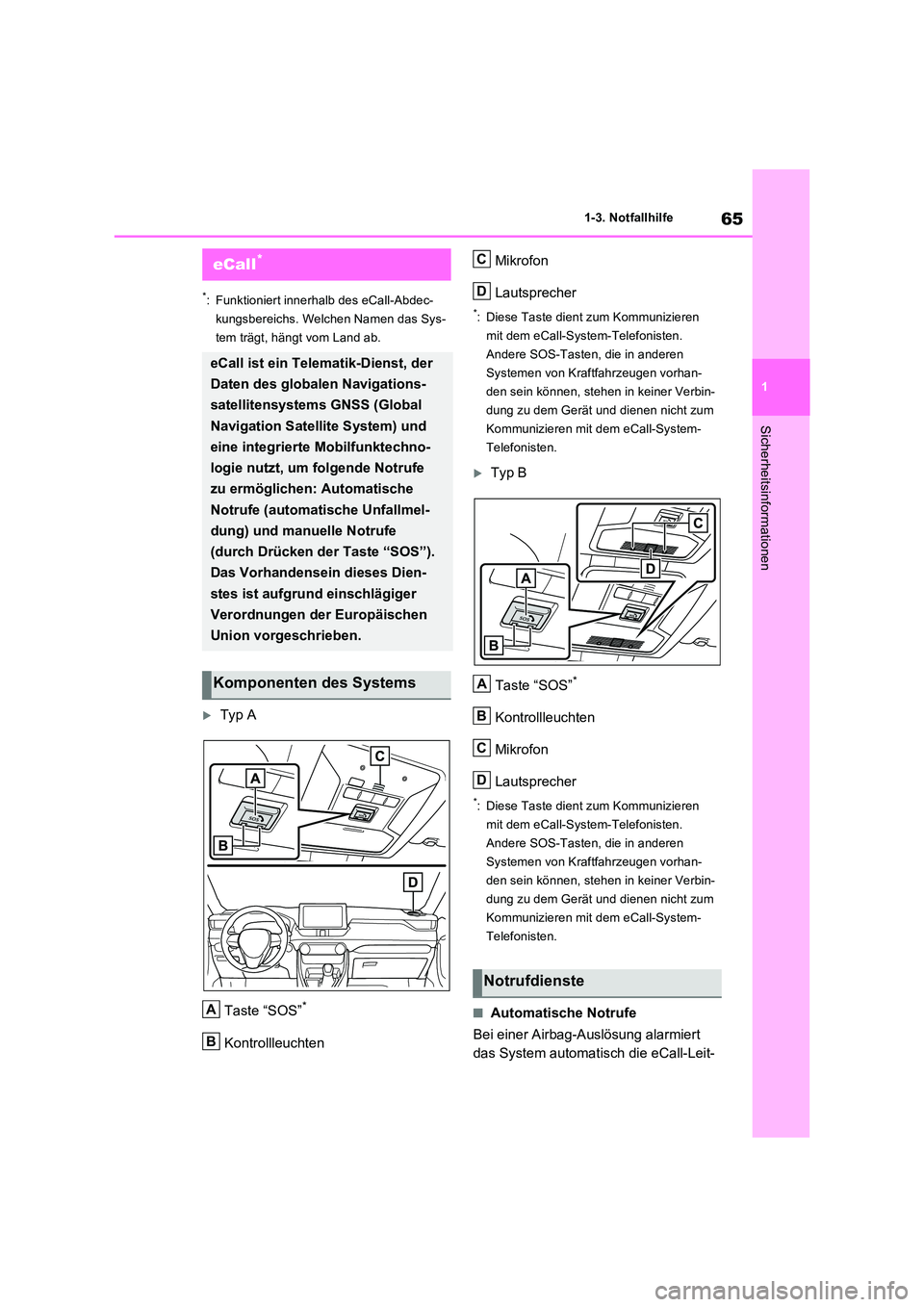 TOYOTA RAV4 PHEV 2021  Betriebsanleitungen (in German) 65
1 
1-3. Notfallhilfe
Sicherheitsinformationen
1-3.Notfallhilfe
*: Funktioniert innerhalb des eCall-Abdec- 
kungsbereichs. Welchen Namen das Sys-
tem trägt, hängt vom Land ab.
Typ A 
Taste “S