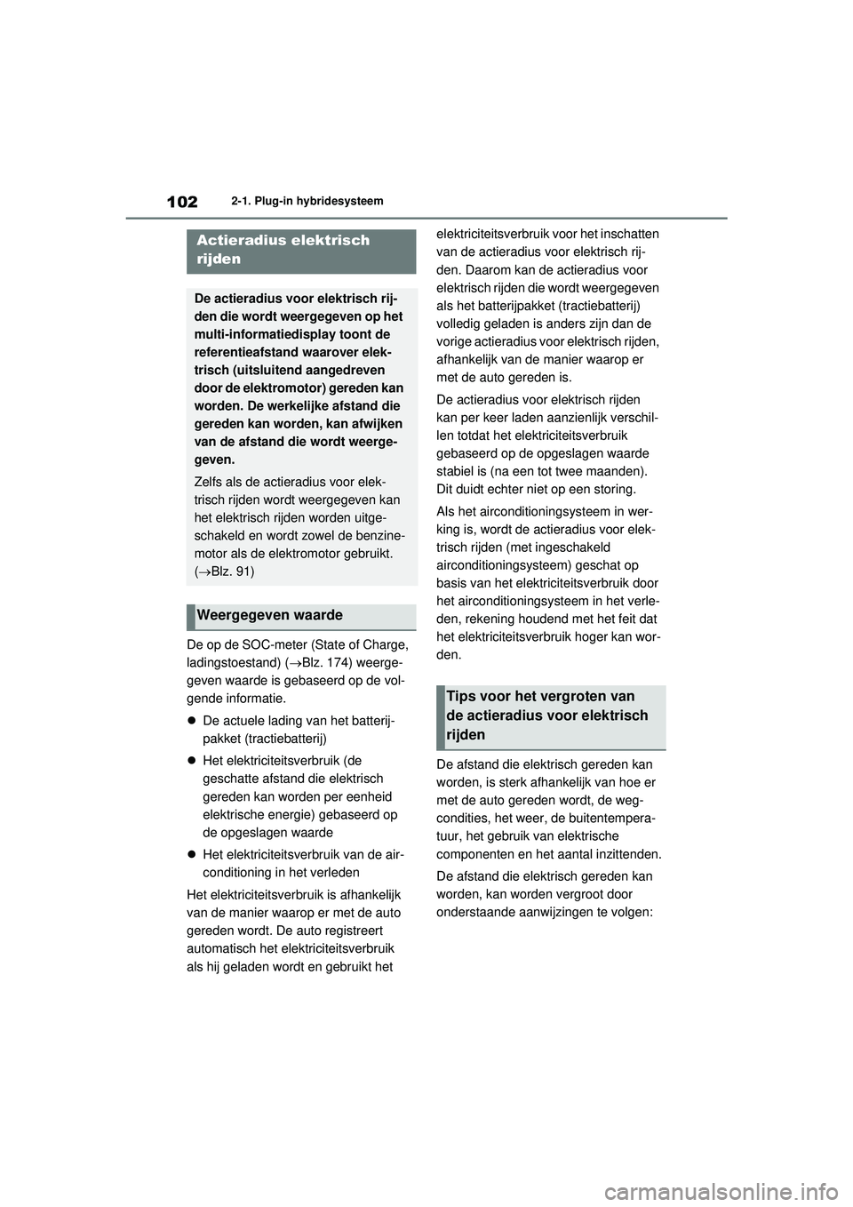 TOYOTA RAV4 PHEV 2021 Instructieboekje (in Dutch) 1022-1. Plug-in hybridesysteem
De op de SOC-meter (State of Charge,
ladingstoestand) (Blz. 174) weerge-
geven waarde is gebaseerd op de vol-
gende informatie.
De actuele lading van het batteri TOYOTA RAV4 PHEV 2021 Instructieboekje (in Dutch) 1022-1. Plug-in hybridesysteem
De op de SOC-meter (State of Charge,
ladingstoestand) (Blz. 174) weerge-
geven waarde is gebaseerd op de vol-
gende informatie.
De actuele lading van het batteri