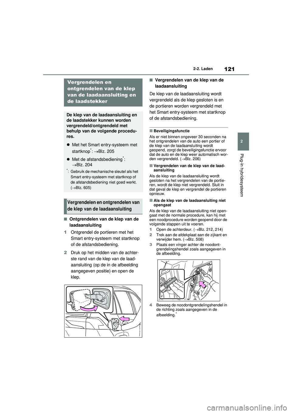TOYOTA RAV4 PHEV 2021 Instructieboekje (in Dutch) 121
2
2-2. Laden
Plug-in hybridesysteem
■Ontgrendelen van de klep van de
laadaansluiting
1 Ontgrendel de portieren met het
Smart entry-systeem met startknop
of de afstandsbediening.
2 Druk op het TOYOTA RAV4 PHEV 2021 Instructieboekje (in Dutch) 121
2
2-2. Laden
Plug-in hybridesysteem
■Ontgrendelen van de klep van de
laadaansluiting
1 Ontgrendel de portieren met het
Smart entry-systeem met startknop
of de afstandsbediening.
2 Druk op het
